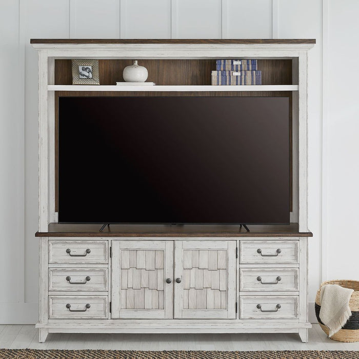 Liberty Furniture River Place Entertainment Center with Piers in Riverstone White/ Tobacco