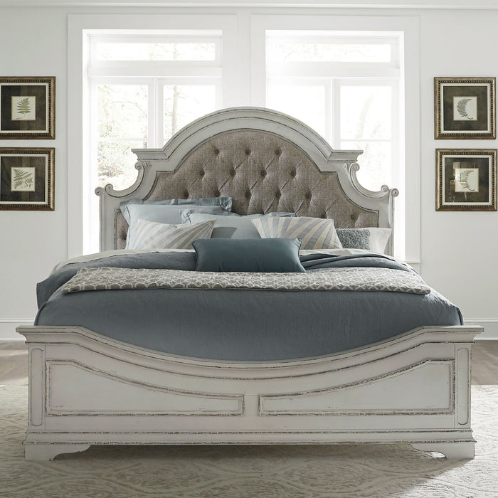 Magnolia Manor King Uph Bed, Dresser & Mirror, Chest, Night Stand