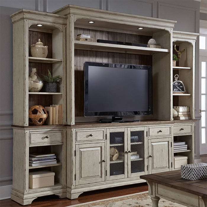 Liberty Morgan Creek Entertainment TV Stand in Antique White Finish with Wire Brushed Tobacco Accents