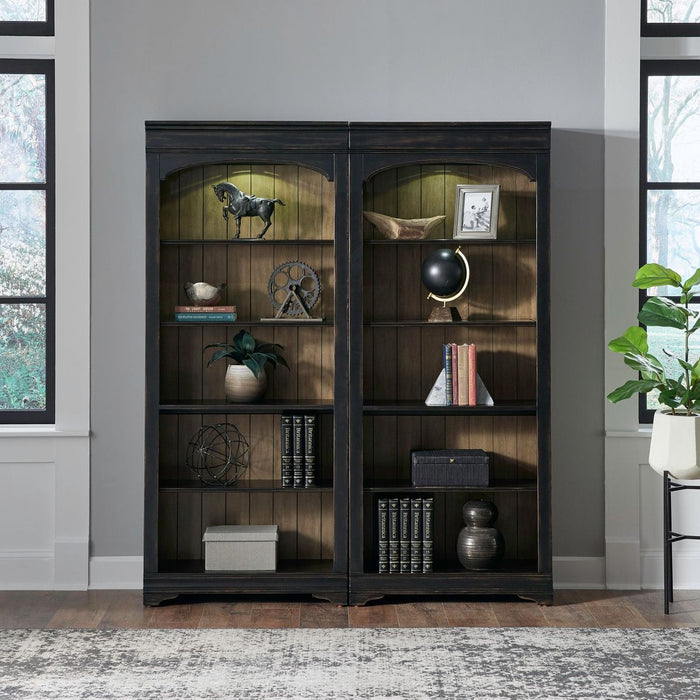 Liberty Furniture Meritage 2pc Bunching Bookcase in Aged Charcoal w/ Rub Thru/Caramel