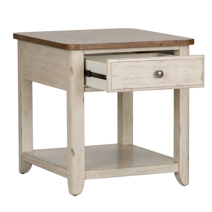 Farmhouse Reimagined End Table with Basket in Antique White