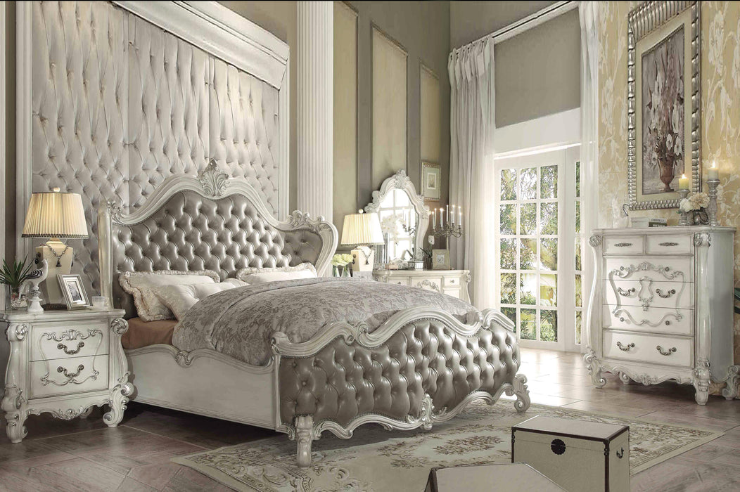 Versailles Vintage Gray PU & Bone White Eastern King Bed - Red Gate Home Furnishings (Ball Ground, GA)