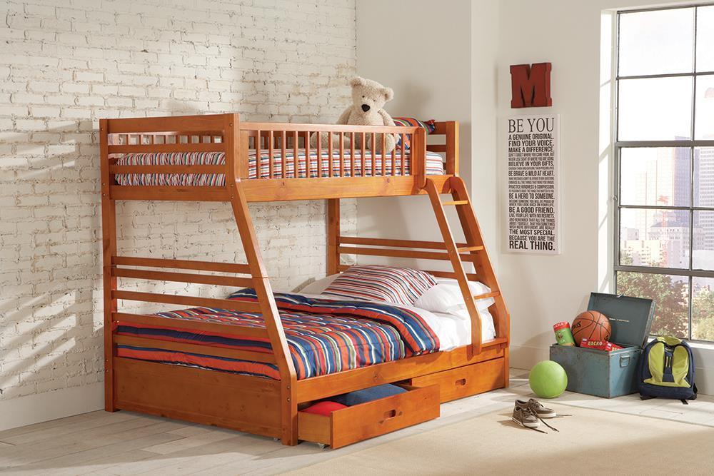 Ashton Twin Over Full 2-drawer Bunk Bed Cappuccino, White, Navy, Honey, & Brown - Red Gate Home Furnishings (Ball Ground, GA)