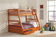 Ashton Twin Over Full 2-drawer Bunk Bed Cappuccino, White, Navy, Honey, & Brown - Red Gate Home Furnishings (Ball Ground, GA)