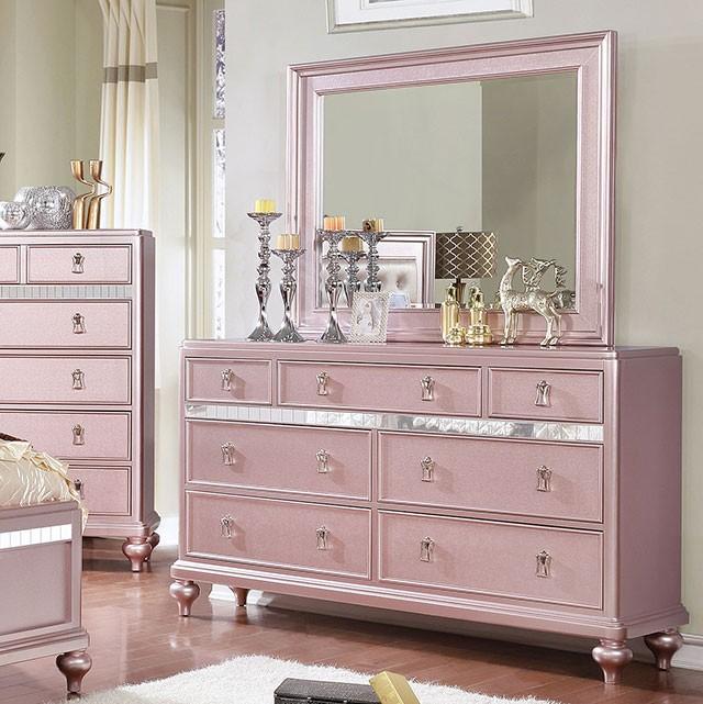 rose gold dresser Allie (Rose Gold) by Furniture of America The distinctive scalloped drawer fronts cascade like ripples in rhythmic layers From OLD To Rose GOLD