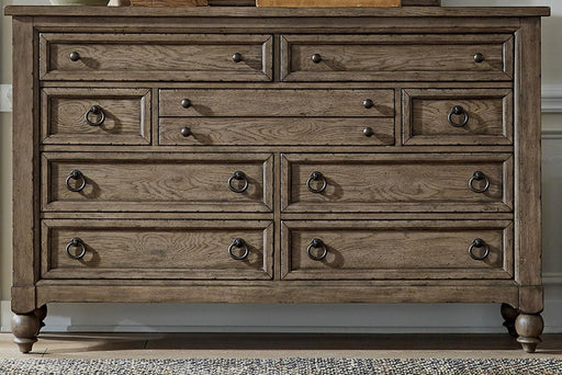 Liberty Furniture Americana Farmhouse 9 Drawer Dresser in Dusty Taupe and Black image