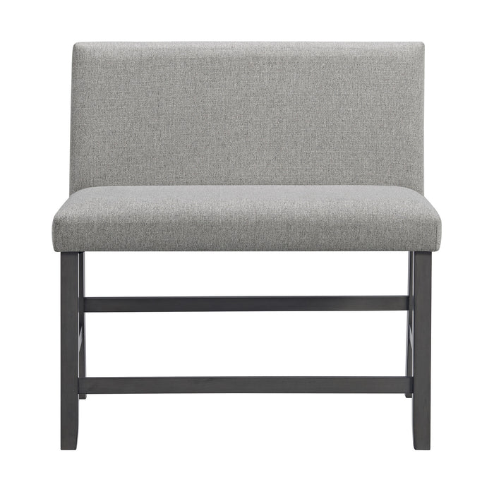 Seneca Counter Bench with Upholstered Back and Grey Fabric