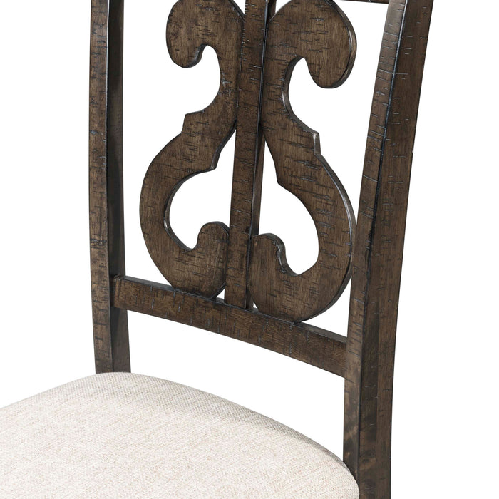 Stone 6PC Dining Set in Charcoal - Table, 4 Wooden Swril Back Side Chairs, & Pew Bench
